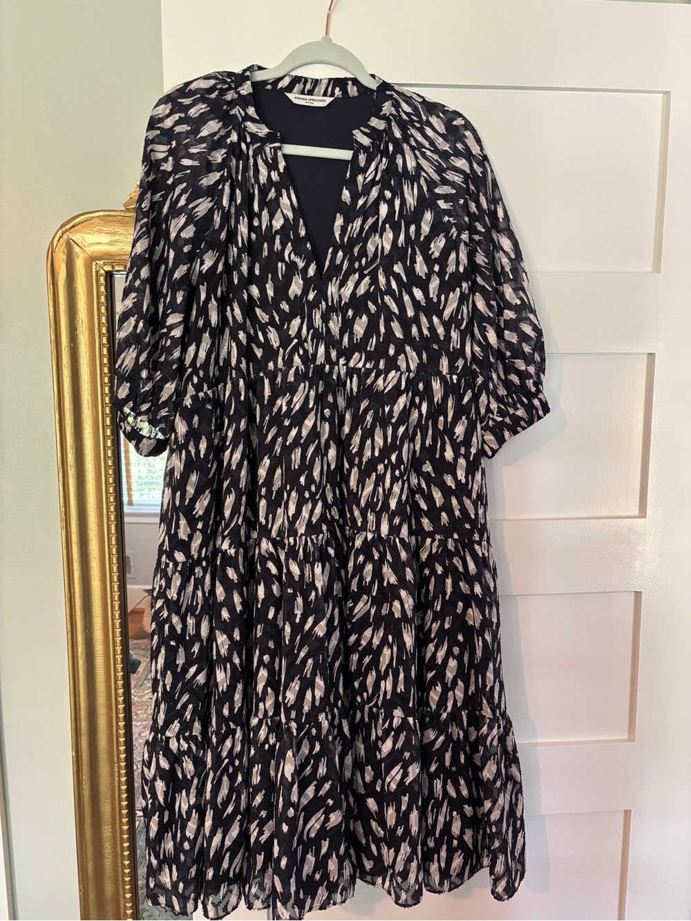 Amanda Uprichard Navy & Cream Tiered V-Neck Midi Dress